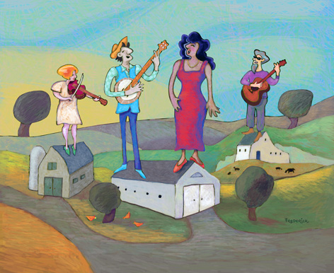 folk painting by Paula Frederick depicting a group of folksingers atop barns and other buildings in a farm scene; Wepecket Island Records, Folk music, traditional folk, traditional American music, banjos